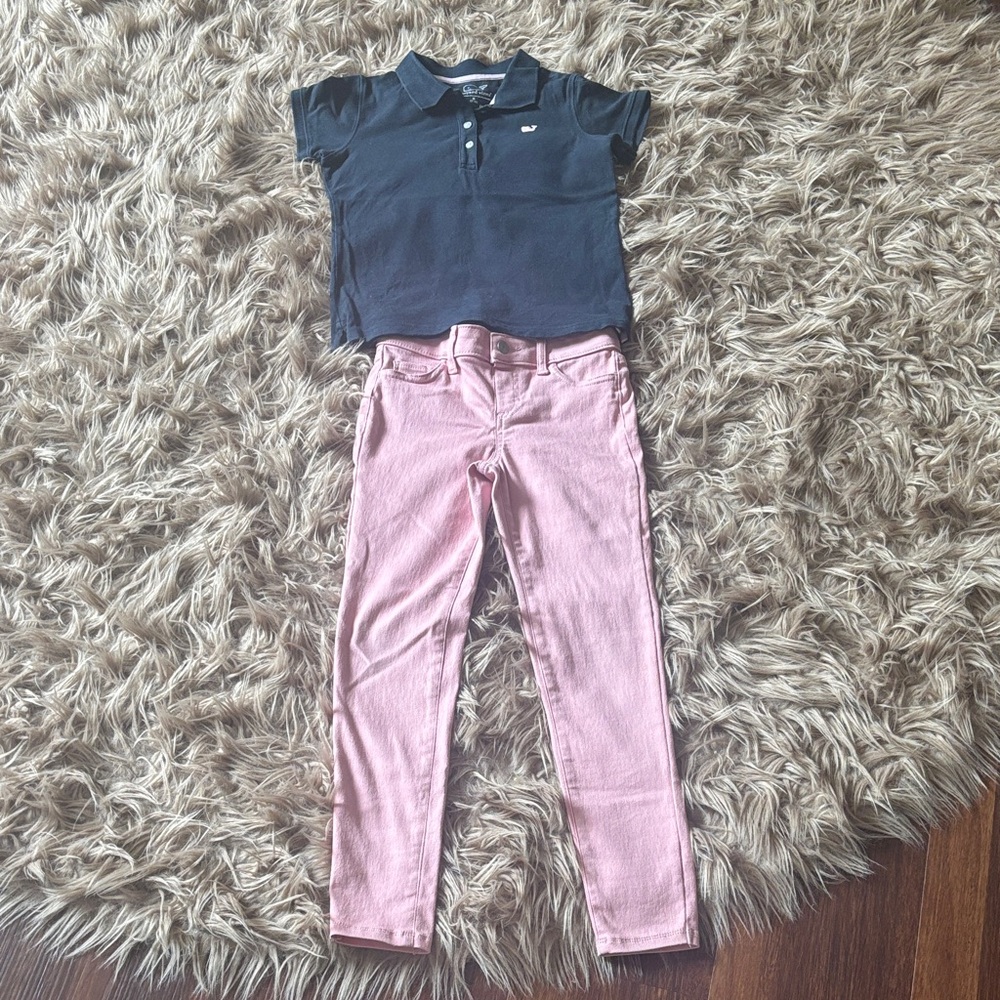Vineyard Vines girls polo shirt Jumping Beans jeans jeggings size 7/8 navy pink
